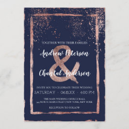 Glam Navy Roos Gold Confetti Brushstroke Wedding Kaart