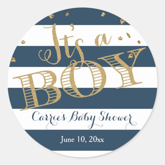 Glam Navy Rugby Stripe Boy Baby Shower Sticker (Voorkant)