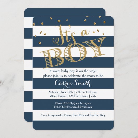Glam Navy Rugby Stripe Boy Baby shower Uitnodiging (Voorkant / Achterkant)
