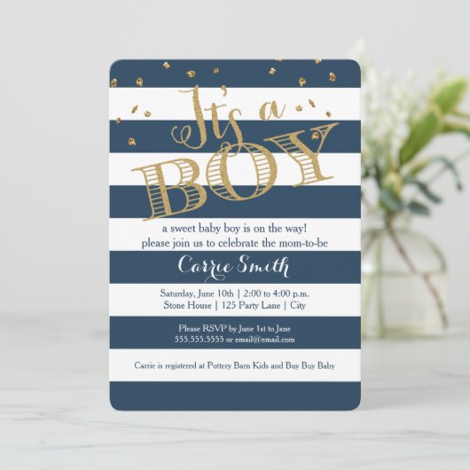 Glam Navy Rugby Stripe Boy Baby shower Uitnodiging (Staand voorkant)