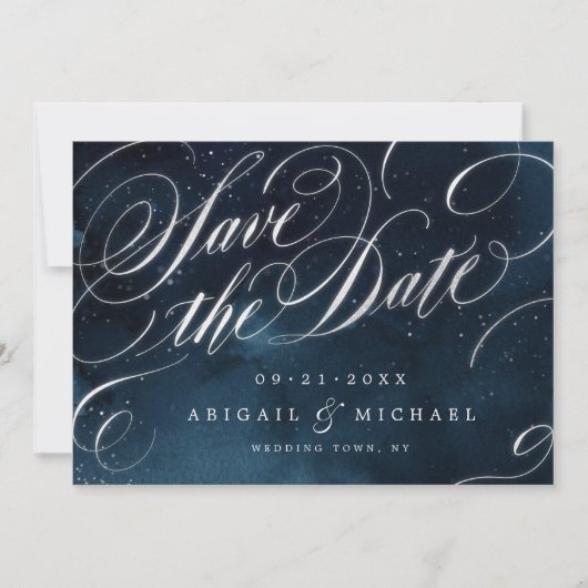 Glam navy Silver kalligrafie met uitzondering van Save The Date (Voorkant)