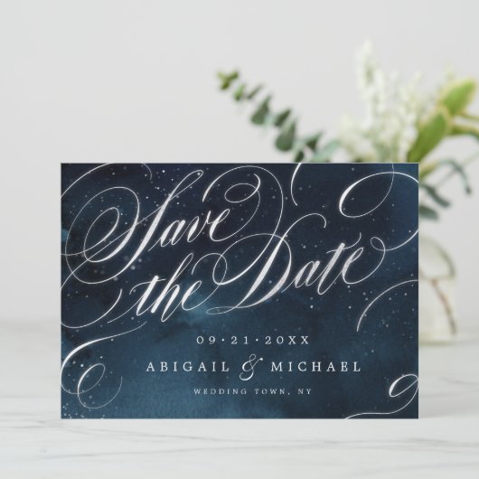 Glam navy Silver  kalligrafie met uitzondering van Save The Date (Staand voorkant)