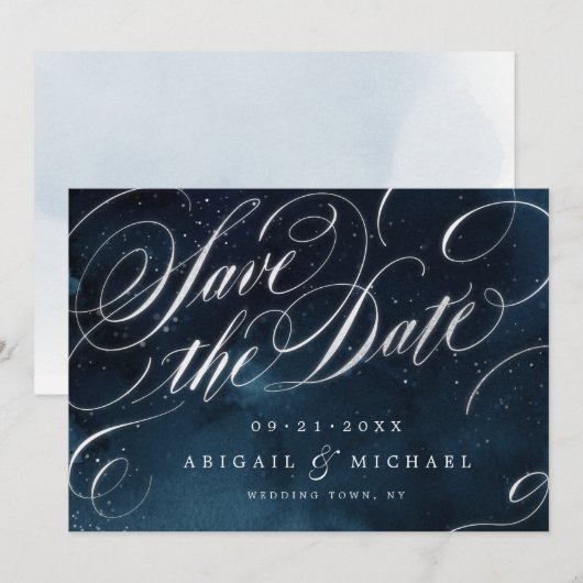 Glam navy Silver kalligrafie met uitzondering van Save The Date (Voorkant / Achterkant)