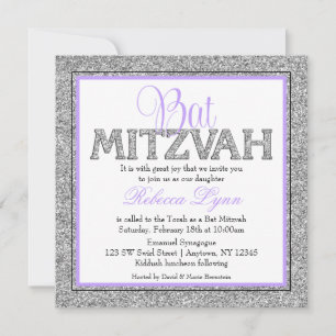 Glam nep glitters zilver lavendel Bat Mitzvah Kaart