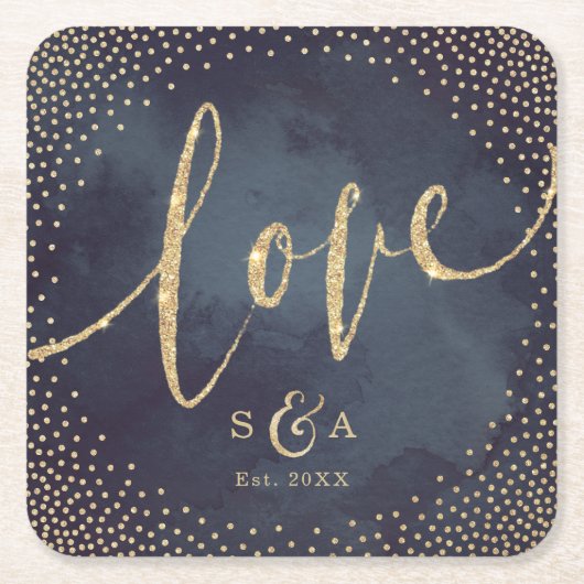 Glam night faux gold glitter bruiloft monogram kartonnen onderzetters (Voorkant)