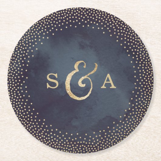 Glam night faux gold glitter bruiloft monogram ronde kartonnen onderzetter (Voorkant)