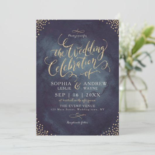 Glam night faux gold glitter calligraphy bruiloft kaart (Staand voorkant)