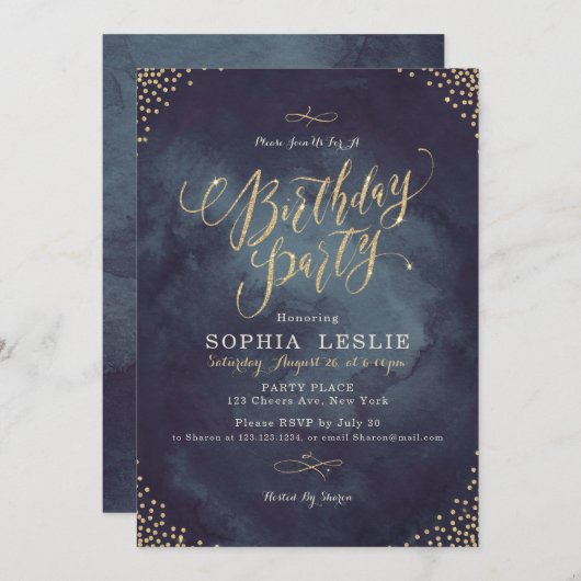Glam night goudglitter calligrafie verjaardagsfees kaart (Voorkant / Achterkant)
