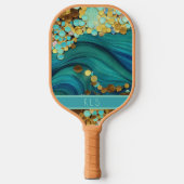Glam Ocean Waves Blauwgroen & Gold Monogram Pickleball Paddle (Voorkant)