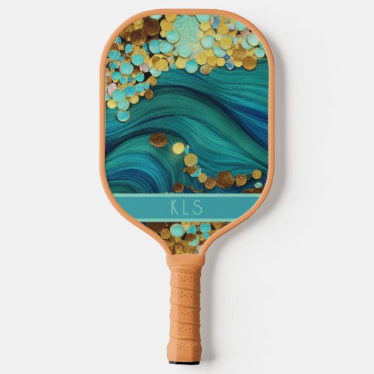 Glam Ocean Waves Blauwgroen & Gold Monogram Pickleball Paddle (Achterkant)