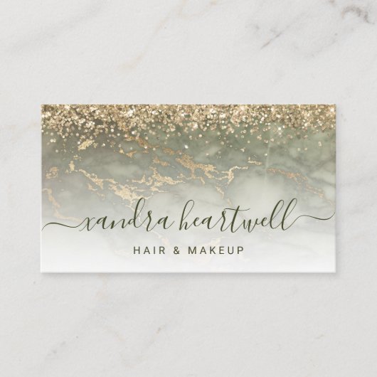 Glam olijfgroen goud marmer glitterscript visitekaartje (Voorkant)