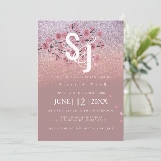 Glam Ombré Cherry Blossom Tree Petals Weddenschap Kaart (Staand voorkant)