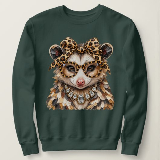 Glam Opossum Luipaardprint Rhinestone Boujee Trui (Design voorkant)
