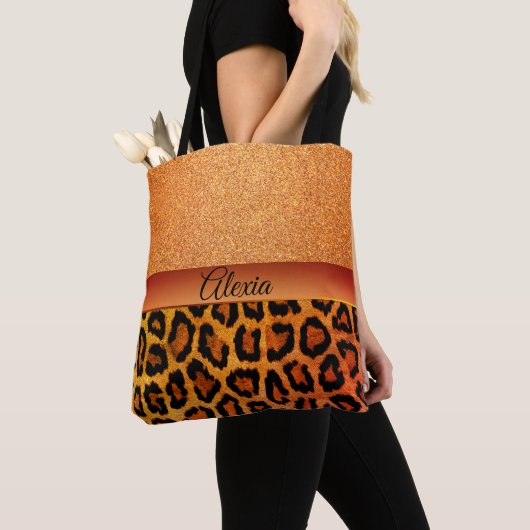 Glam Oranje en Gold Leopard Tote Bag (Dichtbij)
