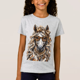 Glam Paard Luipaardprint Gouden Ketting Bling T-shirt