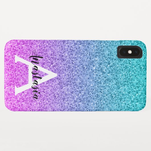 Glam Paars Aqua Glitter Glans Gradiënt Monogram Case-Mate iPhone Case (Achterkant (horizontaal))