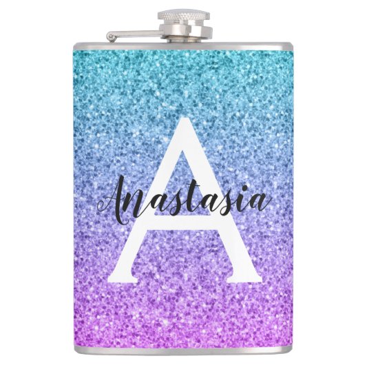 Glam Paars Aqua Glitter Glans Gradiënt Monogram Heupfles (Voorkant)