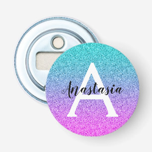Glam Paars Aqua Glitter Schitterende Gradiënt Mono Button Flesopener