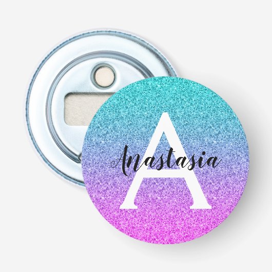 Glam Paars Aqua Glitter Schitterende Gradiënt Mono Button Flesopener (Voorkant)