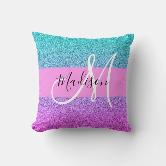Glam Paars Aqua Glitter Schitterende Gradiënt Mono Kussen (Voorkant)