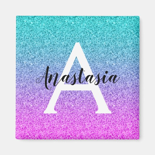 Glam Paars Aqua Glitter Schitterende Gradiënt Mono Magneet (Voorkant)