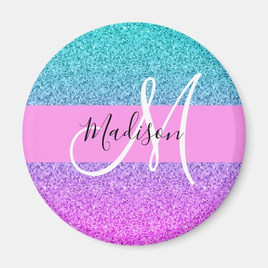Glam Paars Aqua Glitter Schitterende Gradiënt Mono Magneet (Voorkant)