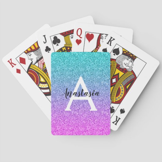 Glam Paars Aqua Glitter Schitterende Gradiënt Mono Pokerkaarten (Achterkant)