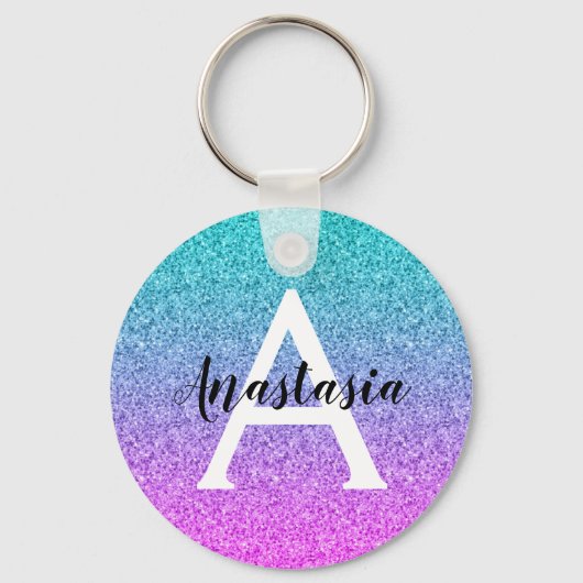 Glam Paars Aqua Glitter Schitterende Gradiënt Mono Sleutelhanger (Voorkant)