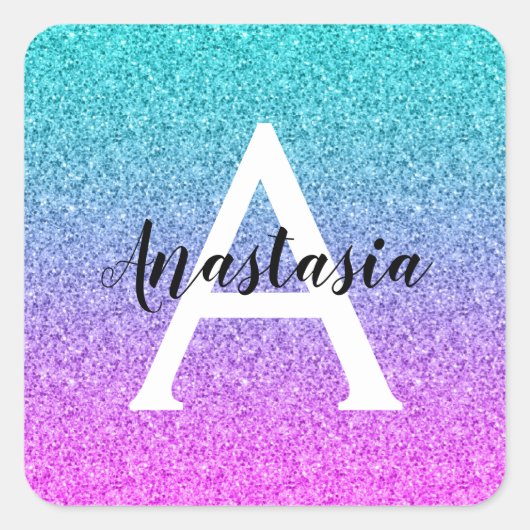 Glam Paars Aqua Glitter Schitterende Gradiënt Mono Vierkante Sticker (Voorkant)
