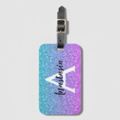 Glam Paars Aqua Glitter Sparkle Gradient Monogram Bagagelabel (Voorkant (verticaal))