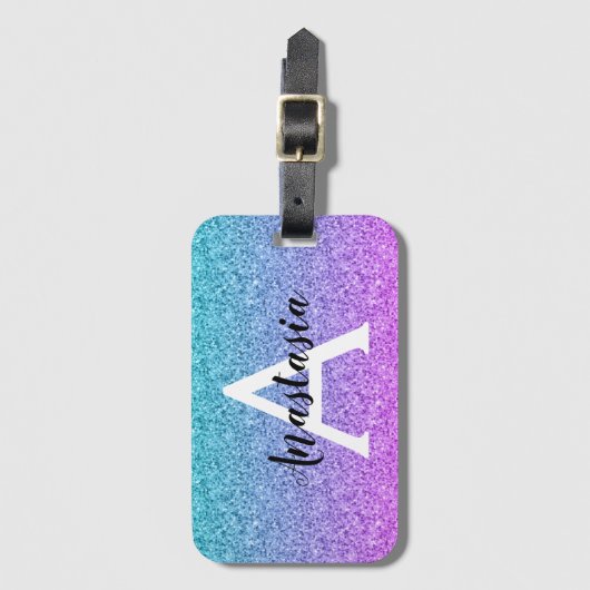 Glam Paars Aqua Glitter Sparkle Gradient Monogram Bagagelabel (Voorkant (verticaal))