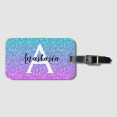 Glam Paars Aqua Glitter Sparkle Gradient Monogram Bagagelabel (Voorkant (horizontaal))
