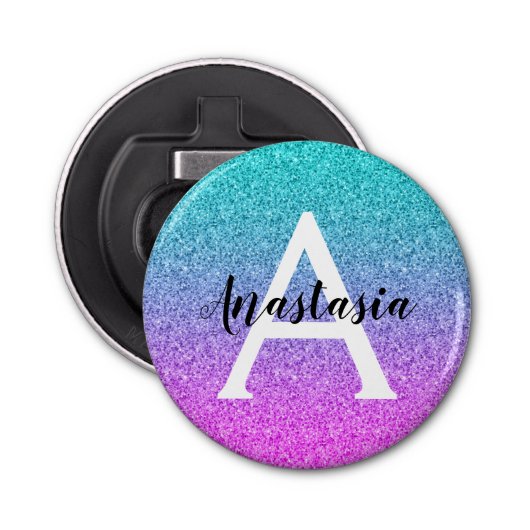 Glam Paars Aqua Glitter Sparkle Gradient Monogram Button Flesopener (Voorkant)