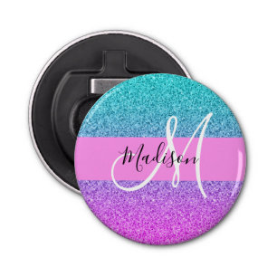 Glam Paars Aqua Glitter Sparkle Gradient Monogram Button Flesopener