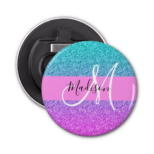 Glam Paars Aqua Glitter Sparkle Gradient Monogram Button Flesopener (Voorkant)