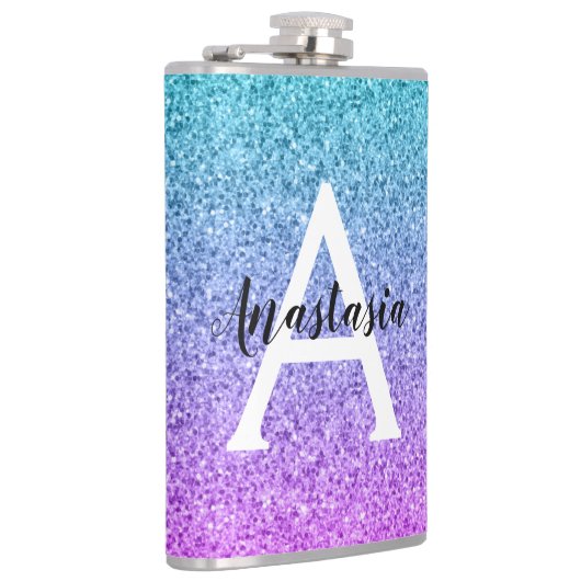 Glam Paars Aqua Glitter Sparkle Gradient Monogram Heupfles (Rechts)