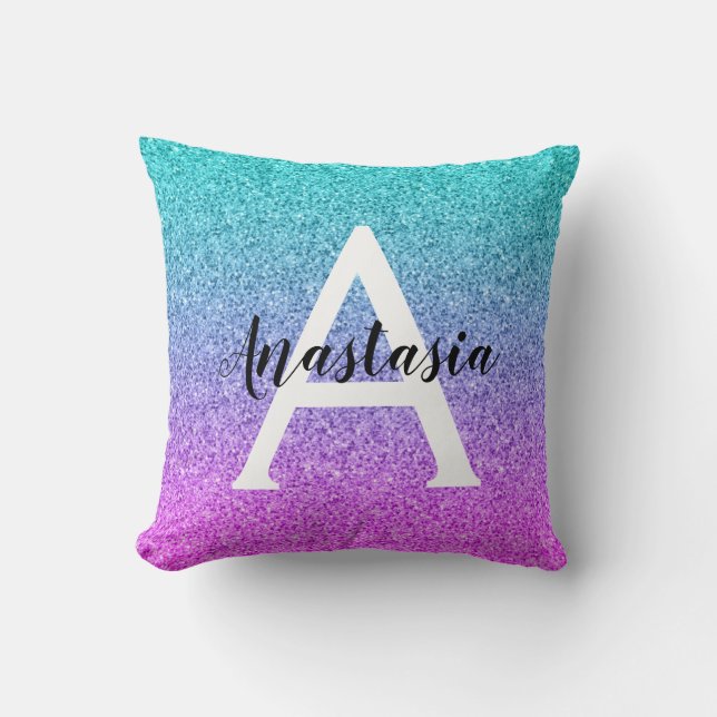 Glam Paars Aqua Glitter Sparkle Gradient Monogram Kussen (Voorkant)