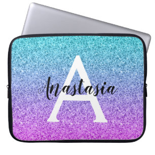 Glam Paars Aqua Glitter Sparkle Gradient Monogram Laptop Sleeve