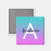 Glam Paars Aqua Glitter Sparkle Gradient Monogram Magneet (Voorkant / Achterkant)