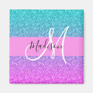 Glam Paars Aqua Glitter Sparkle Gradient Monogram Magneet
