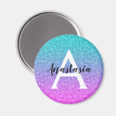 Glam Paars Aqua Glitter Sparkle Gradient Monogram Magneet (Voorkant / Achterkant)