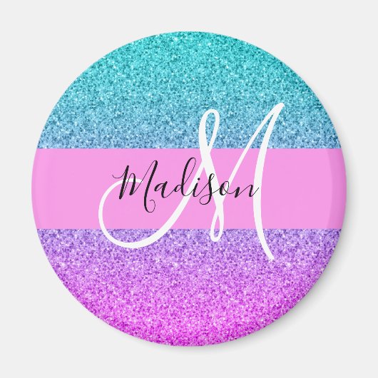 Glam Paars Aqua Glitter Sparkle Gradient Monogram Magneet (Voorkant)