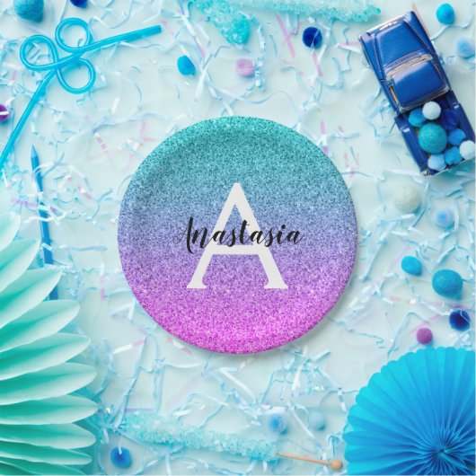 Glam Paars Aqua Glitter Sparkle Gradient Monogram Papieren Bordje (Feest)