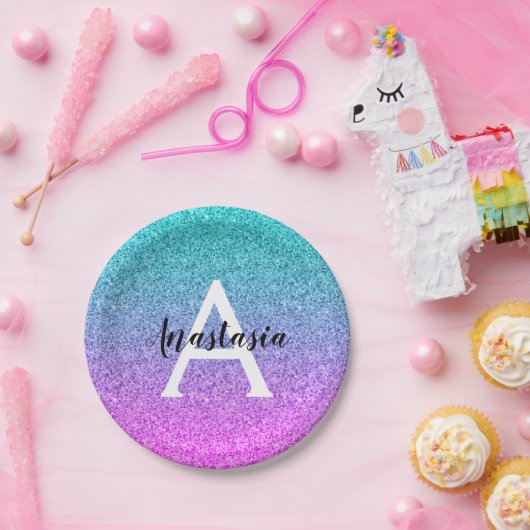 Glam Paars Aqua Glitter Sparkle Gradient Monogram Papieren Bordje (Feest)