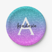 Glam Paars Aqua Glitter Sparkle Gradient Monogram Papieren Bordje (Voorkant)