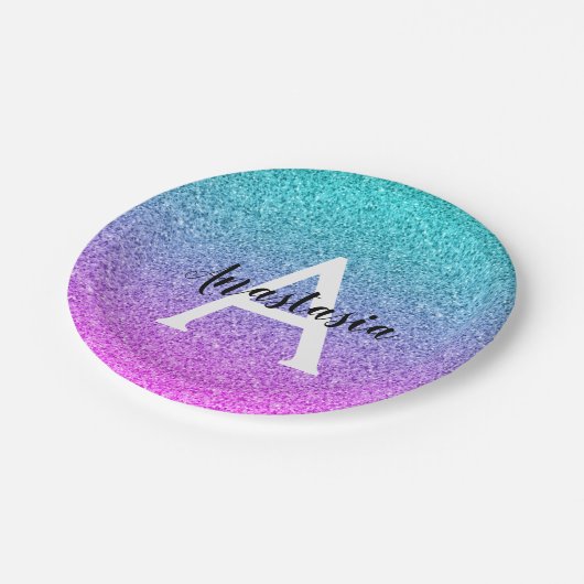 Glam Paars Aqua Glitter Sparkle Gradient Monogram Papieren Bordje (Gekanteld)