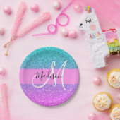 Glam Paars Aqua Glitter Sparkle Gradient Monogram Papieren Bordje (Feest)
