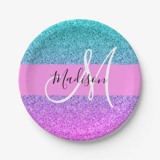 Glam Paars Aqua Glitter Sparkle Gradient Monogram Papieren Bordje (Voorkant)