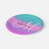 Glam Paars Aqua Glitter Sparkle Gradient Monogram Papieren Bordje (Gekanteld)