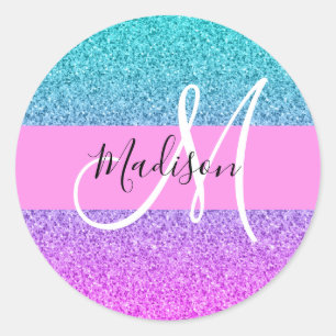 Glam Paars Aqua Glitter Sparkle Gradient Monogram Ronde Sticker